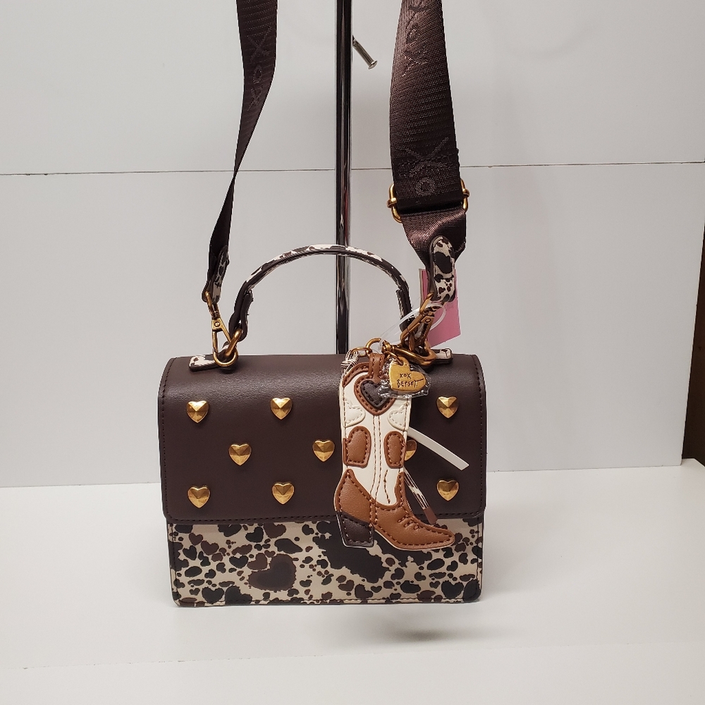 Betsey Johnson Western Cowgirl Studded Hearts Satchel Crossbody Bag Boot Charm